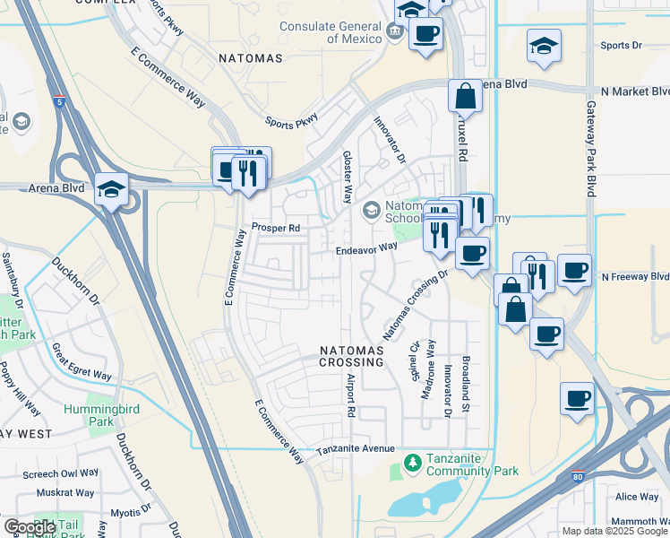 map of restaurants, bars, coffee shops, grocery stores, and more near 2315 Spitfire Way in Sacramento