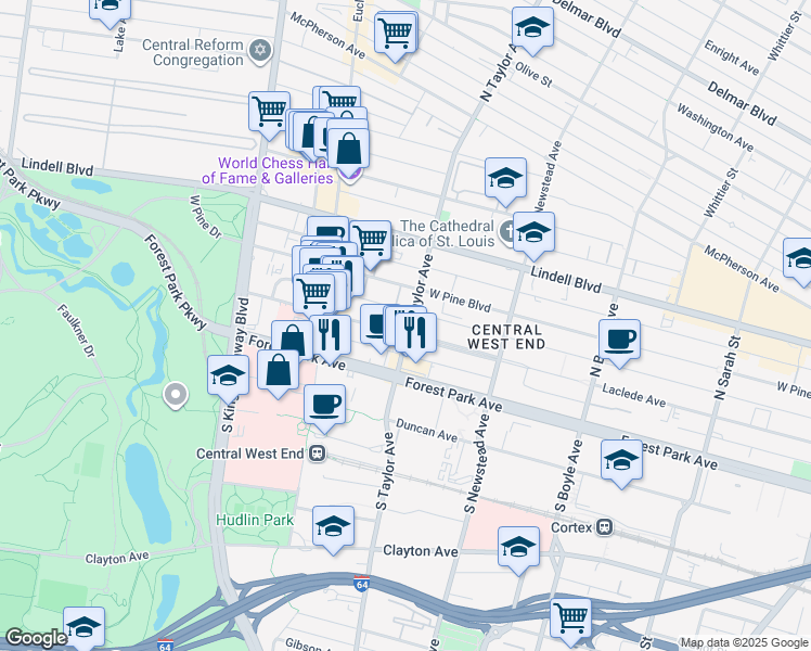 map of restaurants, bars, coffee shops, grocery stores, and more near 17 North Taylor Avenue in St. Louis