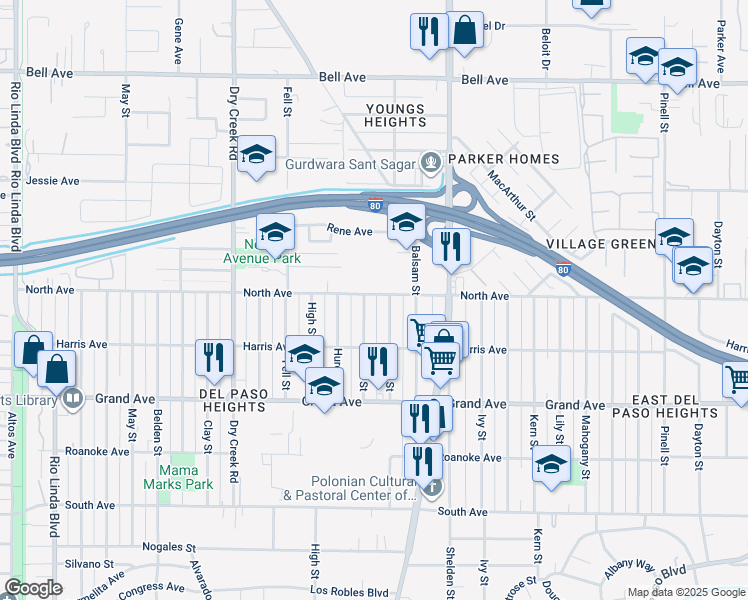 map of restaurants, bars, coffee shops, grocery stores, and more near 1504 North Avenue in Sacramento