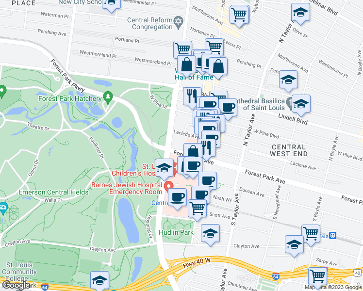 map of restaurants, bars, coffee shops, grocery stores, and more near 4967 Forest Park Avenue in St. Louis