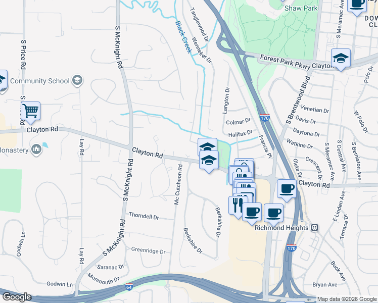 map of restaurants, bars, coffee shops, grocery stores, and more near 3 Saint Mary's Knoll in St. Louis