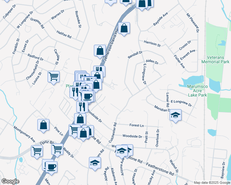map of restaurants, bars, coffee shops, grocery stores, and more near 14439 Village Drive in Woodbridge