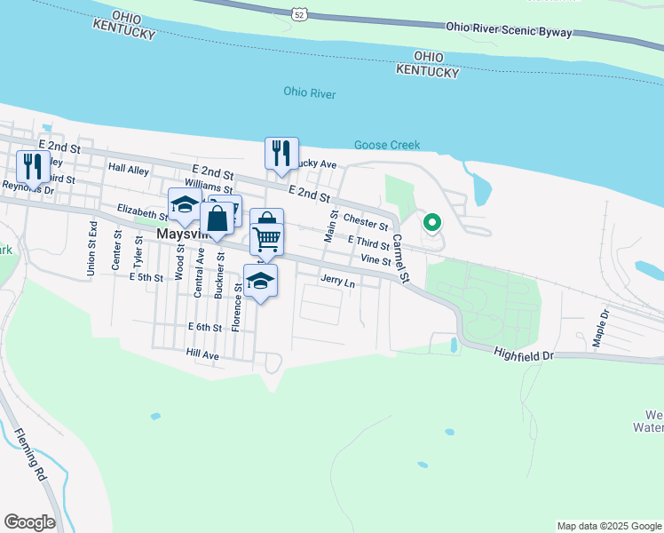 map of restaurants, bars, coffee shops, grocery stores, and more near Forest Avenue in Maysville