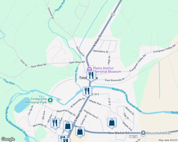 map of restaurants, bars, coffee shops, grocery stores, and more near 184 North Main Street in Timberville