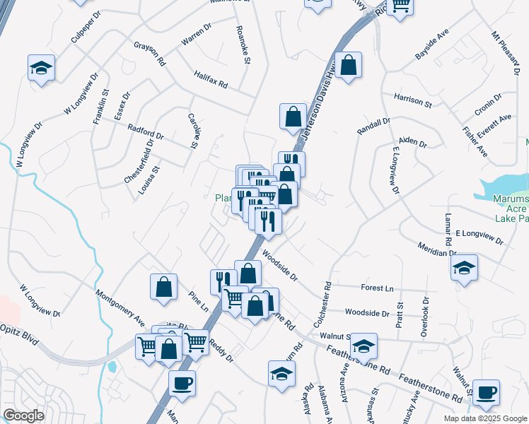 map of restaurants, bars, coffee shops, grocery stores, and more near 14420 Jefferson Davis Highway in Woodbridge