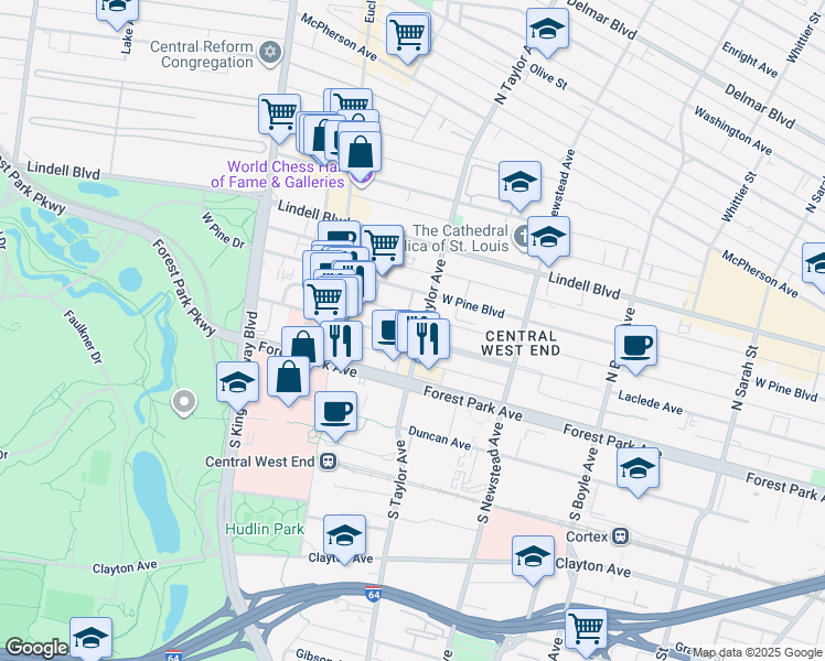 map of restaurants, bars, coffee shops, grocery stores, and more near in St. Louis