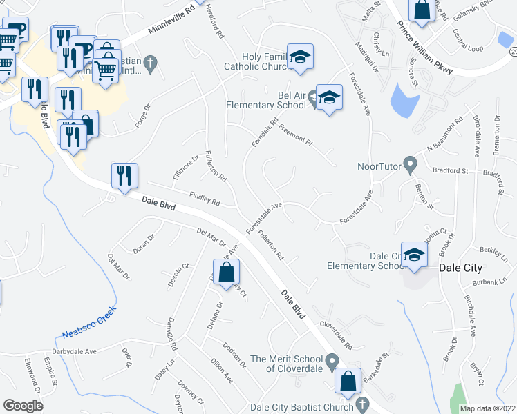 map of restaurants, bars, coffee shops, grocery stores, and more near 14336 Ferndale Road in Woodbridge