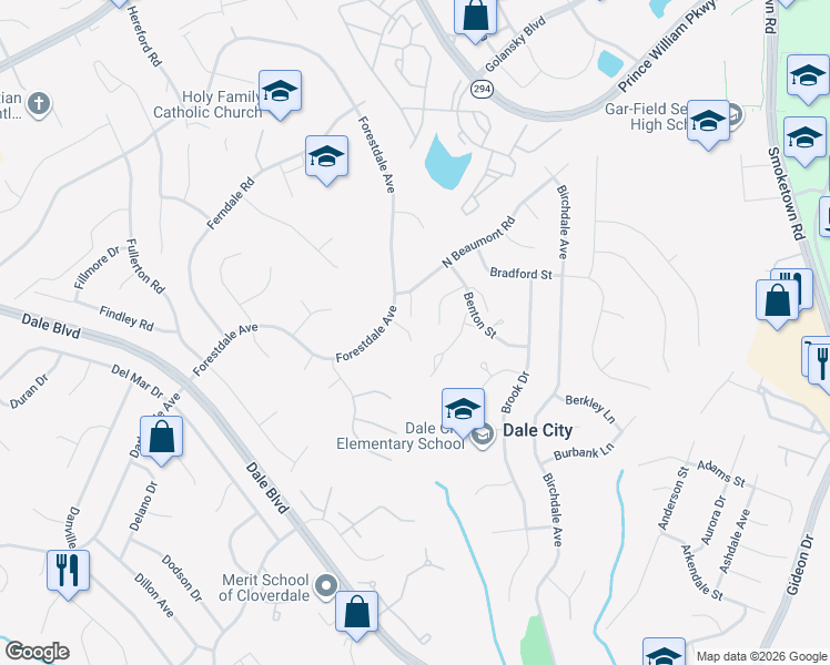 map of restaurants, bars, coffee shops, grocery stores, and more near 14421 Falmouth Drive in Woodbridge