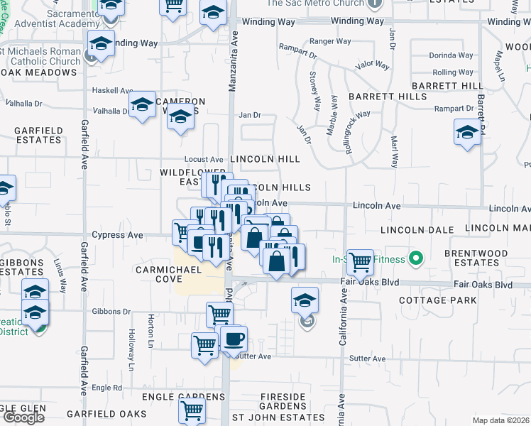 map of restaurants, bars, coffee shops, grocery stores, and more near in Carmichael