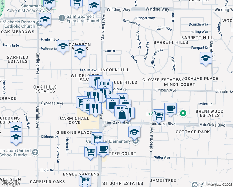 map of restaurants, bars, coffee shops, grocery stores, and more near in Carmichael