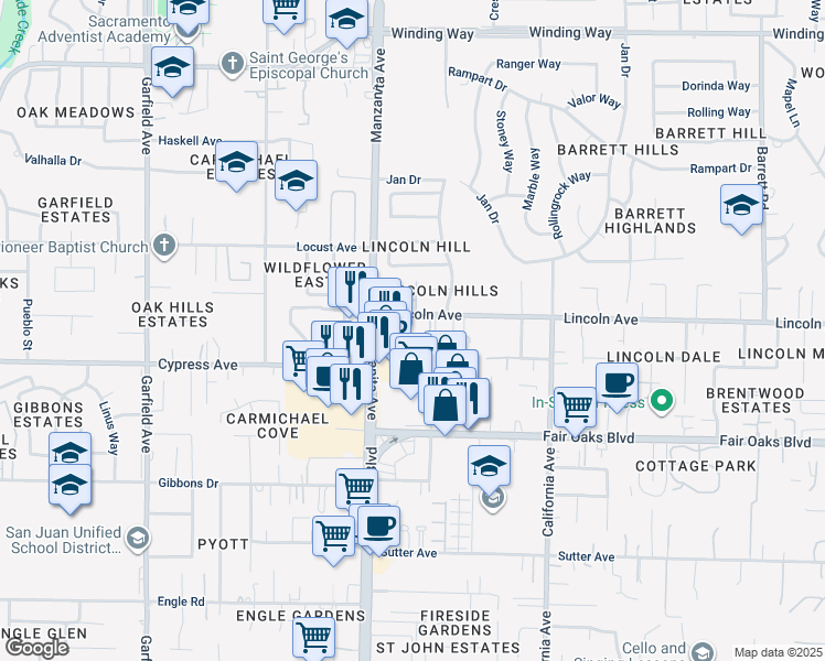 map of restaurants, bars, coffee shops, grocery stores, and more near in Carmichael