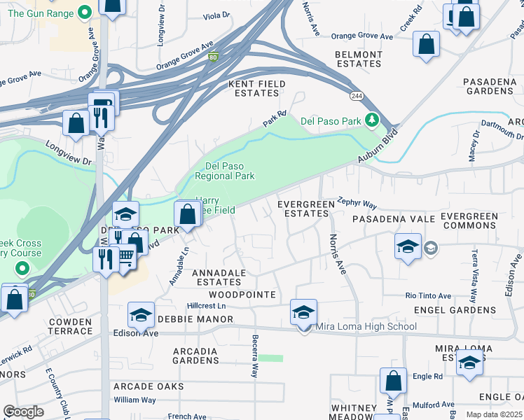 map of restaurants, bars, coffee shops, grocery stores, and more near 3858 Auburn Boulevard in Sacramento