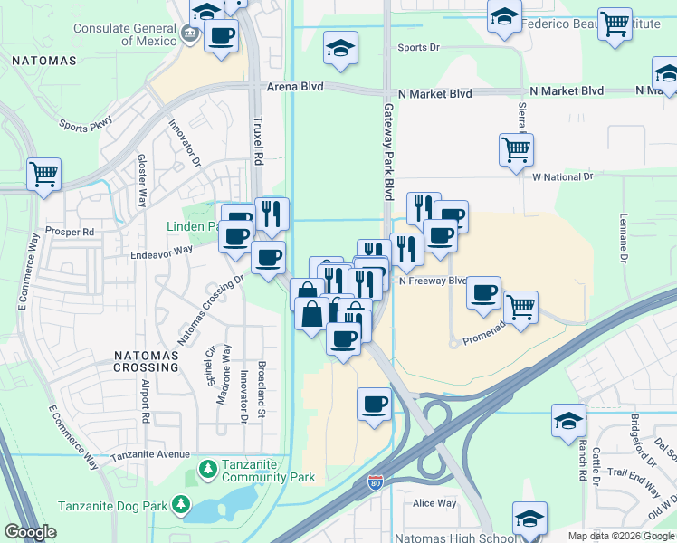 map of restaurants, bars, coffee shops, grocery stores, and more near 3890 Truxel Road in Sacramento