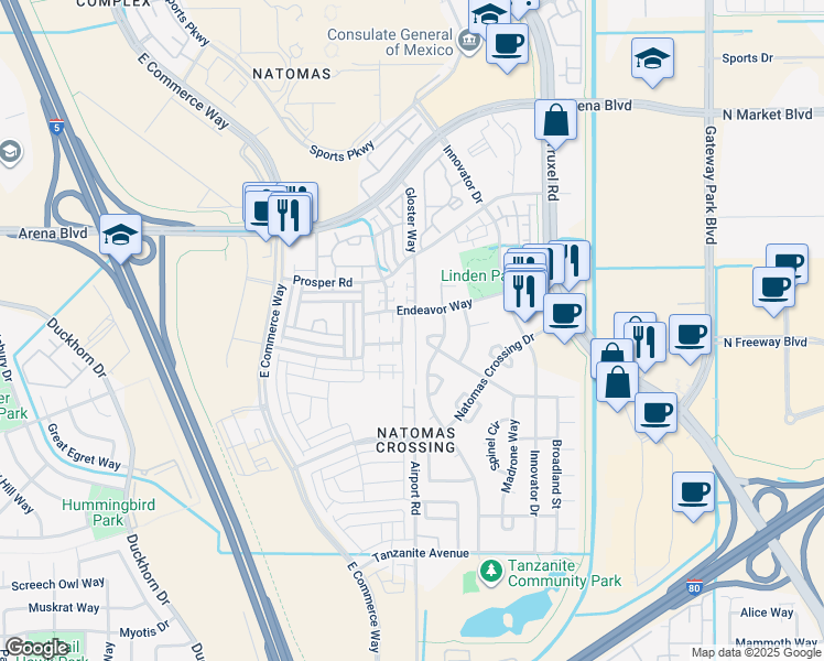 map of restaurants, bars, coffee shops, grocery stores, and more near 2315 Spitfire Way in Sacramento