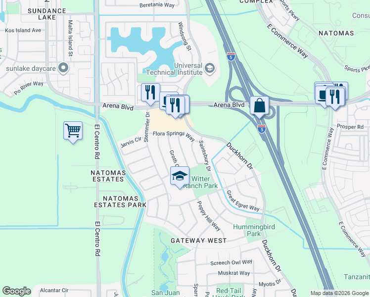 map of restaurants, bars, coffee shops, grocery stores, and more near 3854 Chimney Rock Way in Sacramento