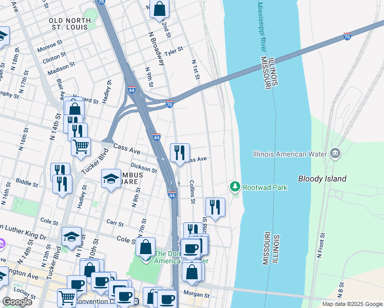 map of restaurants, bars, coffee shops, grocery stores, and more near 217 Cass Avenue in St. Louis