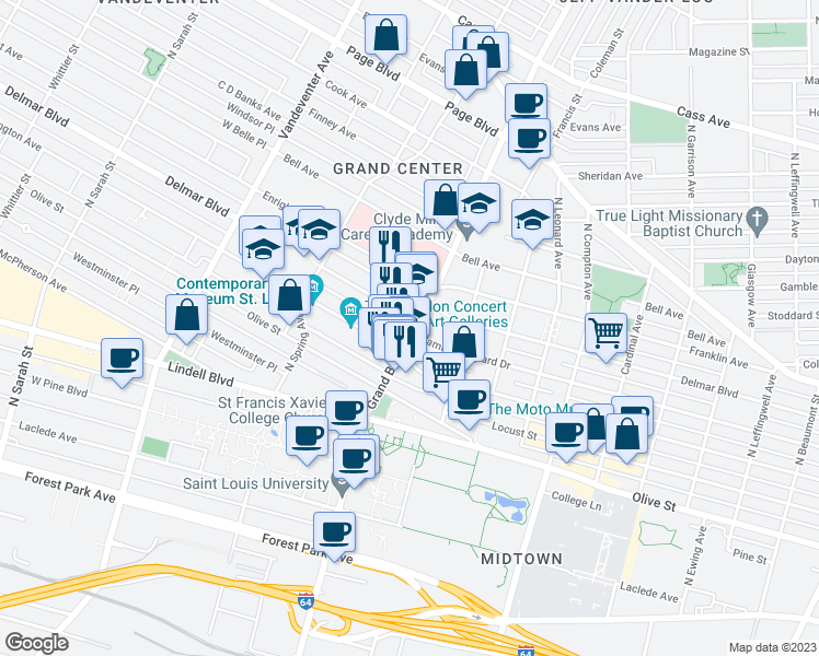 map of restaurants, bars, coffee shops, grocery stores, and more near 617 North Grand Boulevard in St. Louis