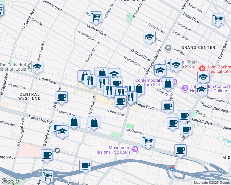 map of restaurants, bars, coffee shops, grocery stores, and more near 3949 Lindell Boulevard in St. Louis
