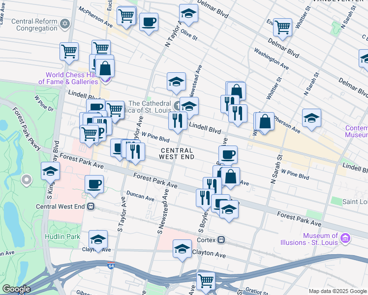 map of restaurants, bars, coffee shops, grocery stores, and more near in St. Louis