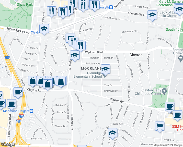 map of restaurants, bars, coffee shops, grocery stores, and more near in Clayton