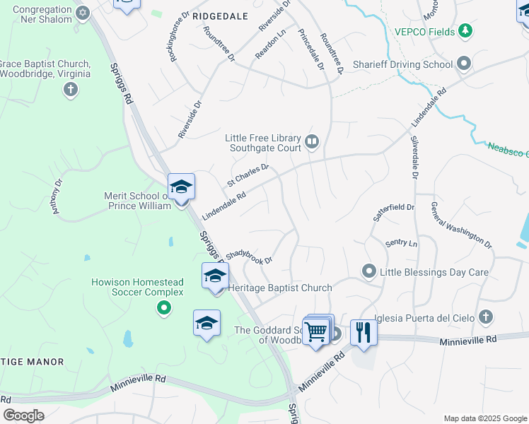 map of restaurants, bars, coffee shops, grocery stores, and more near 14406 Summerton Lane in Woodbridge