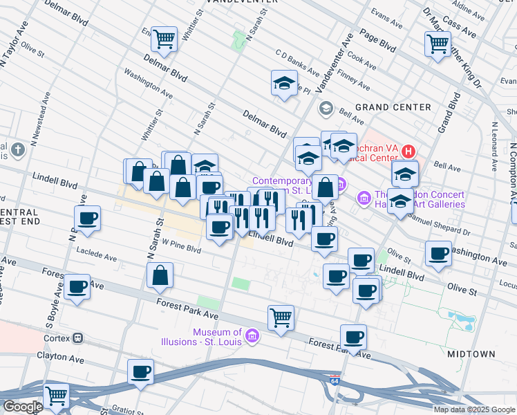 map of restaurants, bars, coffee shops, grocery stores, and more near 3858 Westminster Place in St. Louis