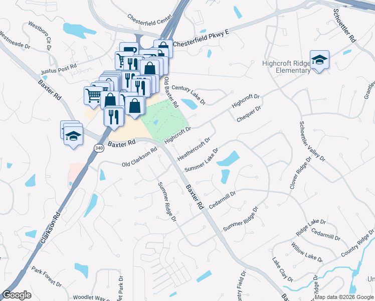 map of restaurants, bars, coffee shops, grocery stores, and more near 15671 Heathercroft Drive in Chesterfield