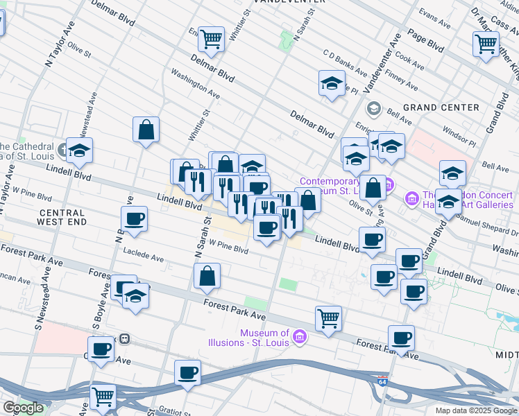 map of restaurants, bars, coffee shops, grocery stores, and more near 3949 Lindell Boulevard in St. Louis