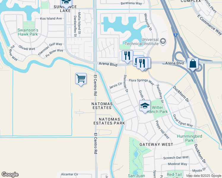 map of restaurants, bars, coffee shops, grocery stores, and more near 110 Jarvis Circle in Sacramento