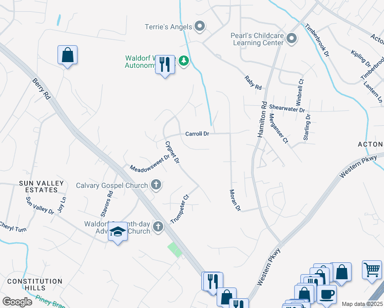 map of restaurants, bars, coffee shops, grocery stores, and more near 2525 Ryce Drive in Waldorf