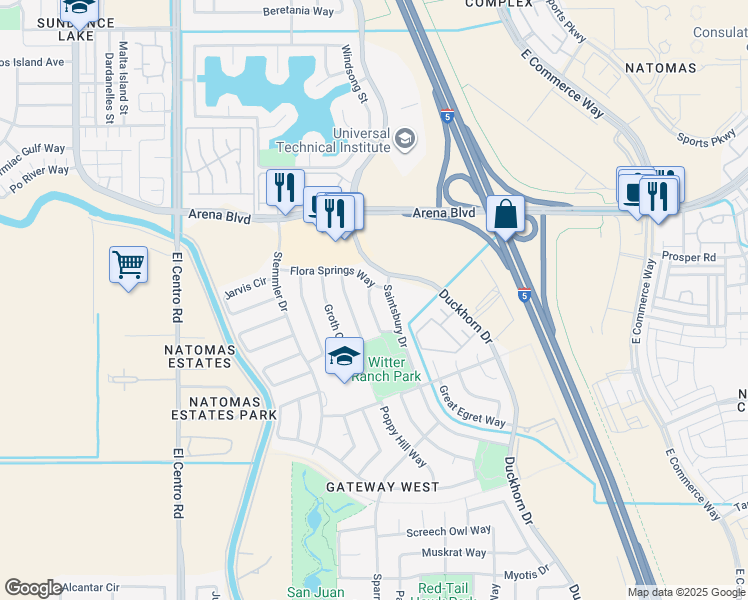 map of restaurants, bars, coffee shops, grocery stores, and more near 3854 Chimney Rock Way in Sacramento