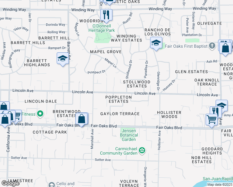 map of restaurants, bars, coffee shops, grocery stores, and more near 6820 Lincoln Ave in Carmichael