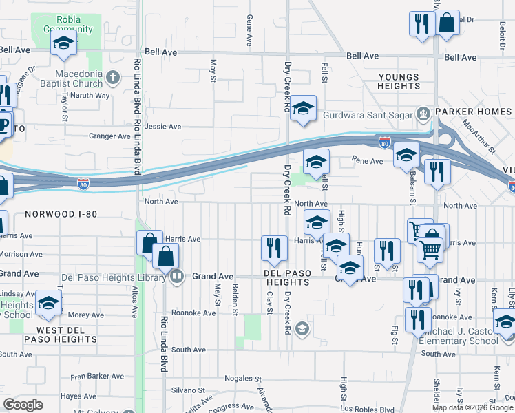 map of restaurants, bars, coffee shops, grocery stores, and more near 3941 Clay Street in Sacramento