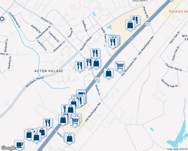 map of restaurants, bars, coffee shops, grocery stores, and more near Acton Lane in Waldorf