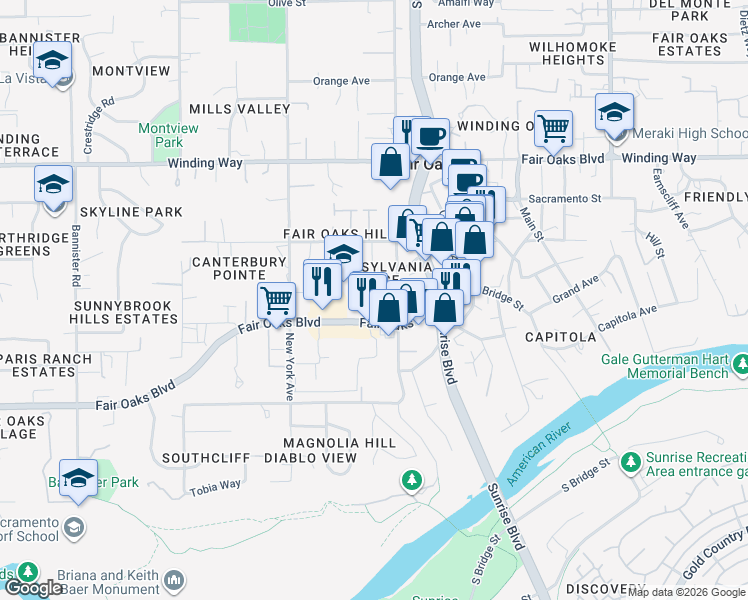 map of restaurants, bars, coffee shops, grocery stores, and more near 9827 Fair Oaks Boulevard in Fair Oaks