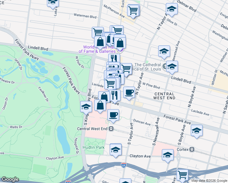 map of restaurants, bars, coffee shops, grocery stores, and more near 4904 Laclede Avenue in St. Louis