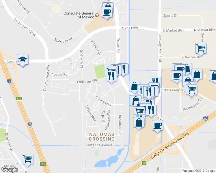 map of restaurants, bars, coffee shops, grocery stores, and more near 3915 Innovator Drive in Sacramento