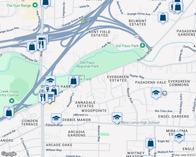 map of restaurants, bars, coffee shops, grocery stores, and more near 3858 Auburn Boulevard in Sacramento