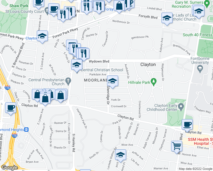 map of restaurants, bars, coffee shops, grocery stores, and more near 7501 Oxford Drive in Clayton