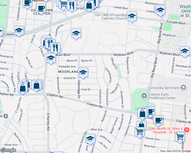 map of restaurants, bars, coffee shops, grocery stores, and more near 7401 Oxford Drive in Clayton