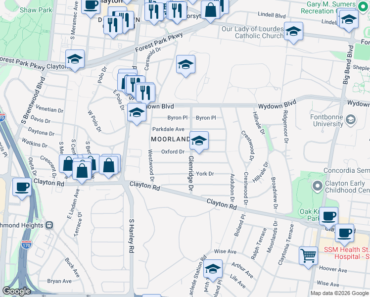 map of restaurants, bars, coffee shops, grocery stores, and more near 7501 Oxford Drive in Clayton