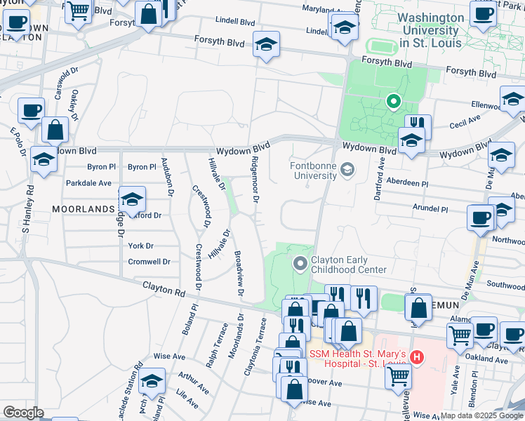 map of restaurants, bars, coffee shops, grocery stores, and more near 24 Ridgemoor Drive in Clayton