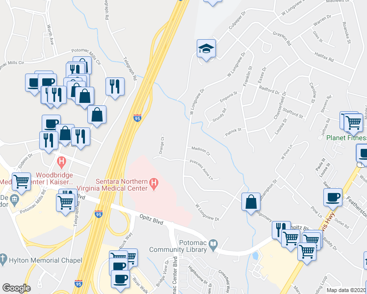 map of restaurants, bars, coffee shops, grocery stores, and more near 2251 West Longview Drive in Woodbridge