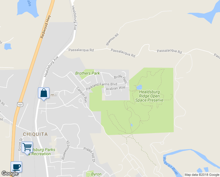 map of restaurants, bars, coffee shops, grocery stores, and more near Arabian Way & Stirrup Loop in Healdsburg