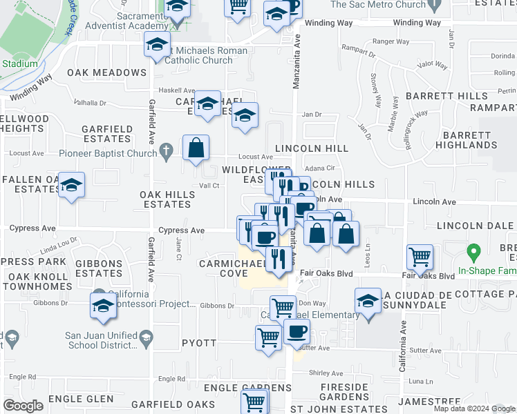 map of restaurants, bars, coffee shops, grocery stores, and more near 5757 Cypress Avenue in Carmichael