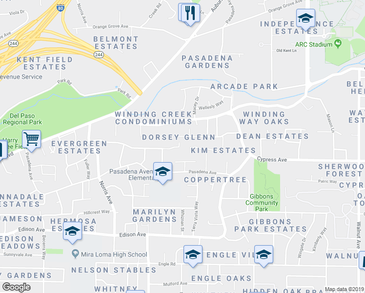 map of restaurants, bars, coffee shops, grocery stores, and more near 4348 Zephyr Way in Sacramento