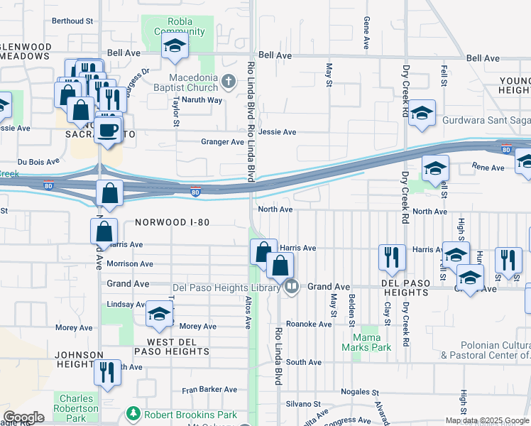 map of restaurants, bars, coffee shops, grocery stores, and more near 803 North Avenue in Sacramento