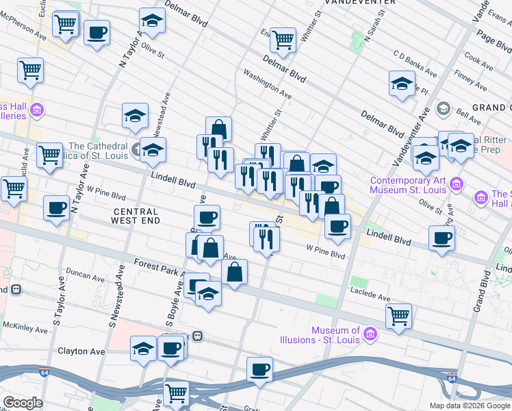 map of restaurants, bars, coffee shops, grocery stores, and more near 4144 Lindell Boulevard in St. Louis