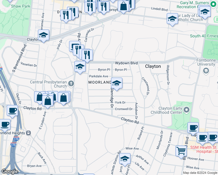 map of restaurants, bars, coffee shops, grocery stores, and more near 7501 Oxford Drive in Clayton