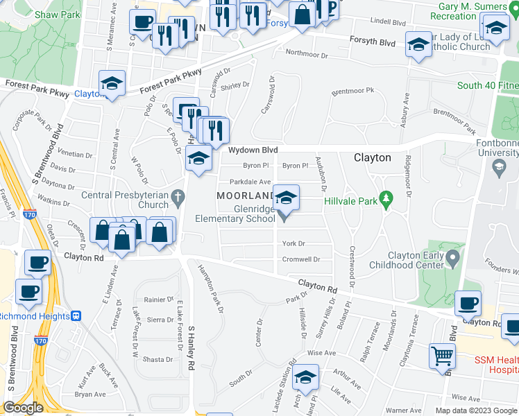 map of restaurants, bars, coffee shops, grocery stores, and more near 7501 Oxford Drive in Clayton